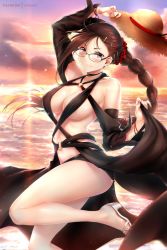 Rule 34 | 1girl, bare shoulders, blush, braid, breasts, brown hair, choker, collarbone, detached sleeves, dress, ear piercing, earrings, fate/grand order, fate (series), floating hair, glasses, hat, unworn hat, unworn headwear, holding, holding clothes, holding hat, jewelry, leg up, long hair, looking at viewer, medium breasts, navel, o-ring, outdoors, piercing, red eyes, rei kun, revealing clothes, sidelocks, signature, single braid, solo, straw hat, sunset, thighs, very long hair, white footwear, yu mei-ren (fate), yu mei-ren (festival outfit) (fate)
