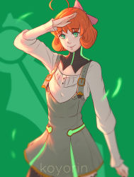 Rule 34 | 1girl, ahoge, arm at side, arm up, artist name, blurry, bow, buckle, closed mouth, cowboy shot, detached collar, green background, green eyes, green skirt, hair bow, high-waist skirt, koyorin, lips, long sleeves, looking at viewer, orange hair, penny polendina, pink bow, rwby, rwby: combat ready, salute, short hair, skirt, smile, solo, standing, suspender skirt, suspenders