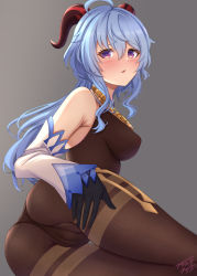 Rule 34 | 1girl, absurdres, ahoge, bare shoulders, bell, black gloves, black legwear, black leotard, blue hair, blush, bodystocking, bodysuit, breasts, cameltoe, detached sleeves, ganyu (genshin impact), genshin impact, gloves, grey background, highres, horns, iwashita kirito, leotard, leotard under clothes, long hair, looking at viewer, low ponytail, medium breasts, neck bell, parted lips, partially visible vulva, purple eyes, sidelocks, signature, sitting, solo, spread pussy under clothes, thighlet, thighs, white sleeves