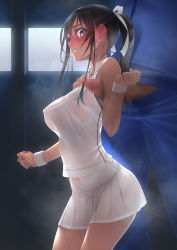 Rule 34 | 1girl, armpit sex, bare shoulders, black hair, blue eyes, blush, breasts, censored, clenched teeth, embarrassed, feet out of frame, full-face blush, hair between eyes, hand up, head out of frame, height difference, high ponytail, highres, isshiki ichika, large breasts, long hair, looking back, maketara omae, hitoban ore no omocha na, mosaic censoring, murakami suigun, navel, nipples, no bra, one side up, original, penis, see-through, simple background, skirt, sleeveless, sportswear, standing, steaming body, tears, teeth, tennis uniform