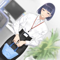 Rule 34 | 1girl, bad id, bag, black eyes, black hair, blouse, blue bag, blurry, blurry background, bob cut, collared shirt, commentary request, dutch angle, high-waist skirt, highres, hiramedousa, holding, holding bag, lanyard, long sleeves, looking at viewer, name tag, office, office lady, original, shirt, shirt tucked in, skirt, smile, standing, white shirt