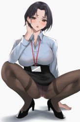Rule 34 | 1girl, absurdres, arm up, black hair, black pantyhose, breasts, brown eyes, collared shirt, commission, duplicate, female focus, forehead, formal, hand on own face, high heels, highres, large breasts, long sleeves, looking at viewer, miniskirt, office lady, open mouth, original, pantyhose, parted bangs, pencil skirt, pixel-perfect duplicate, pixiv commission, renzu (lens 02), shirt, short hair, skirt, solo, spread legs, squatting, suit, thighs, unbuttoned, unbuttoned shirt, under skirt