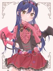Rule 34 | 1girl, alternate hairstyle, artist name, artist request, asymmetrical wings, black bow, black wings, blue hair, blush, bow, bowtie, bracelet, breasts, brown eyes, buttons, center frills, curly hair, demon horns, demon tail, dress, earrings, fake demon horns, female focus, flower, flower dress, flower earrings, flower print, frilled sleeves, frills, gem, gloves, hair between eyes, hair flower, hair ornament, heart (symbol), highres, holding, holding tail, horns, jewelry, lace, lace gloves, long hair, looking at viewer, love live!, love live! school idol festival, love live! school idol project, miniskirt, mismatched wings, neck ribbon, parted lips, pearl (gemstone), pearl bracelet, pink dress, pink flower, pink gloves, pink wings, plaid, plaid dress, plaid skirt, pleated, pleated dress, pleated skirt, polka dot, polka dot dress, puffy short sleeves, puffy sleeves, purple flower, red flower, red skirt, ribbon, short sleeves, skirt, small breasts, smile, solo, sonoda umi, striped clothes, striped gloves, tail, tiara, vertical-striped clothes, vertical-striped gloves, white background, wings, x hair ornament, yellow eyes