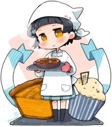 Rule 34 | 10s, 1girl, alternate headwear, apron, arare (kancolle), black hair, black socks, blush stickers, brown eyes, food, food request, head scarf, holding, holding tray, kano (coyotehunt), kantai collection, kappougi, kneehighs, long sleeves, looking at viewer, mittens, muffin, oven mitts, short hair, skirt, smile, socks, solo, standing, steam, tenugui, tray
