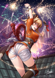 Rule 34 | 1girl, :d, adsouto, arms up, artist name, ass, asymmetrical gloves, bandaged arm, bandaged leg, bandages, black gloves, black thighhighs, blonde hair, blush, breasts, fingerless gloves, fireworks, floating hair, genshin impact, gloves, highres, holding, japanese clothes, kimono, large breasts, long hair, looking at viewer, looking back, night, open mouth, orange kimono, patreon username, signature, single glove, smile, solo, thighhighs, twitter username, watermark, web address, yellow eyes, yoimiya (genshin impact)