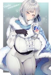 Rule 34 | 1girl, absurdres, akershus fortress (oshiro project), badge, bb m0024, black corset, black gloves, blue bow, blue cape, blue cloak, blue eyes, blush, bodysuit, bow, braid, breasts, buttons, cape, center frills, cloak, corset, covered erect nipples, fluff, frilled shirt, frills, fur-trimmed cape, fur-trimmed cloak, fur trim, gloves, grey hair, hair bow, hair ornament, hand on own chest, highres, huge breasts, long sleeves, looking at viewer, oshiro project:re, padded cloak, shirt, solo, striped bow, thighs, tight clothes, white bodysuit, white shirt