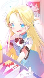 Rule 34 | 1girl, apron, blonde hair, blue apron, blue archive, blue eyes, blush, bow, bowtie, box, cawang, crying, crying with eyes open, female focus, forehead, halo, highres, long hair, looking at viewer, open mouth, poster (object), shelf, short sleeves, sora (blue archive), tears