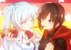 Rule 34 | 2girls, cape, commentary request, closed eyes, food, imminent kiss, multiple girls, pocky, pocky day, pocky kiss, ruby rose, rwby, scar, scar across eye, scar on face, shared food, weiss schnee, yuri