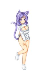 Rule 34 | 1girl, animal ears, breasts, cat ears, cat tail, cleavage cutout, clothing cutout, covered erect nipples, flower, hair flower, hair ornament, hairclip, haruakira rika, highres, large breasts, meme attire, minaha (playjoe2005), naked sweater, open-chest sweater, original, purple eyes, purple hair, smile, solo, sweater, tail