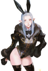 Rule 34 | 1girl, animal ears, warrior of light (ff14), bad id, bad pixiv id, black thighhighs, blue eyes, bow, bowtie, coat, cowboy shot, elezen, elf, final fantasy, final fantasy xiv, frischenq, fur trim, gloves, hand on own hip, leotard, long hair, long sleeves, looking at viewer, no pants, parted lips, pointy ears, rabbit ears, solo, thighhighs, white background, white hair