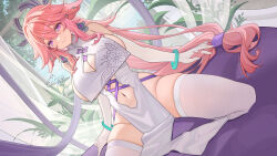 Rule 34 | 1girl, alternate costume, animal ears, blush, breasts, catsmoon, closed mouth, commentary request, elbow gloves, fox ears, genshin impact, gloves, hair ornament, highres, large breasts, long hair, looking at viewer, navel, no panties, pelvic curtain, pink hair, purple eyes, sideboob, skindentation, smile, solo, thighhighs, thighs, white gloves, white thighhighs, yae miko
