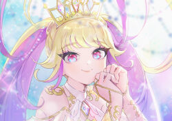 Rule 34 | 1girl, blonde hair, blue background, blue eyes, closed mouth, crown, gem, gold trim, hands up, himeme (pretty series), long hair, looking at viewer, multicolored hair, oshiri (o4ritarou), own hands together, pink eyes, pink hair, pretty series, smile, solo, sparkle, twintails, two-tone hair, upper body, waccha primagi!, waccha primagi! studio