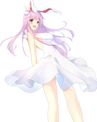 Rule 34 | 1girl, absurdres, alternate costume, animal ears, breasts, diving penguin, dress, highres, large breasts, light purple hair, long hair, looking at viewer, open mouth, purple hair, rabbit ears, rabbit pin, red eyes, reisen udongein inaba, simple background, solo, touhou, very long hair, white background, white dress