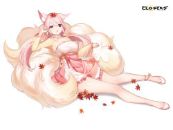 Rule 34 | 1girl, :o, alternate hair color, animal ear fluff, animal ears, ankle bell, autumn leaves, breasts, cleavage, cleavage cutout, closers, clothing cutout, copyright name, dress, ear down, fox ears, fox girl, fox tail, full body, hand up, highres, kitsune, kyuubi, large breasts, layered dress, leaf, leaf on head, levia (closers), logo, long hair, long sleeves, low twintails, lying, lying on tail, maple leaf, multiple tails, no pupils, official art, on back, pink dress, pink hair, purple eyes, rubbing eyes, see-through, see-through sleeves, sleepy, solo, tail, twintails, two-tone dress, uneven eyes, white background, white footwear, yellow dress, yellow sleeves, yellow tail