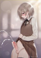 Rule 34 | +++ (artist), 1boy, black thighhighs, blurry, blurry background, blush, brown dress, brown eyes, brown skirt, censored, clothes lift, collared shirt, cowboy shot, cum, dress, ejaculation, erection, highres, lifting own clothes, long sleeves, male focus, male masturbation, masturbation, mosaic censoring, navel, no panties, open mouth, original, penis, pinafore dress, pleated dress, projectile cum, school uniform, shirt, short hair, skirt, skirt lift, sleeveless dress, solo, testicles, thighhighs, trap, white shirt