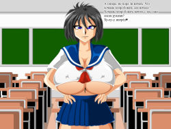 Rule 34 | 1girl, black hair, blue hair, blue skirt, breasts, classroom, collarbone, covered erect nipples, cowboy shot, cropped legs, gigantic breasts, hands on own hips, huge breasts, indoors, kaiman82, looking at viewer, miniskirt, pleated skirt, school, school uniform, shirt, short hair, short sleeves, skirt, solo, tight clothes, underboob, white shirt