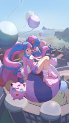 Rule 34 | 1girl, absurdres, arm support, asuka-w, balloon, blue hair, blue skirt, building, chinese commentary, closed mouth, commentary, creatures (company), day, fairy miku (project voltage), flower, game freak, gen 1 pokemon, hair flower, hair ornament, hand up, hatsune miku, highres, holding, holding poke ball, jigglypuff, long sleeves, loose socks, multicolored hair, nintendo, outdoors, pink footwear, pink hair, poke ball, poke ball (basic), pokemon, pokemon (creature), project voltage, purple eyes, red flower, shoes, sitting, skirt, sky, socks, sweater, twintails, two-tone hair, vocaloid