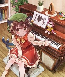 Rule 34 | 1girl, :3, animal ears, blush, book, bookshelf, bow, bowtie, brown eyes, brown hair, cat ears, cat tail, chen, closed mouth, commentary request, earrings, flower, heart, instrument, jewelry, juliet sleeves, long sleeves, looking at viewer, marashii, multiple tails, nekomata, pendulum, piano, pink flower, plant, potted plant, puffy sleeves, red flower, red skirt, red vest, sakino shingetsu, shirt, sitting, skirt, smile, socks, solo, stool, stuffed monkey, tail, touhou, translation request, two tails, vest, white shirt, white socks, yellow bow, yellow bowtie