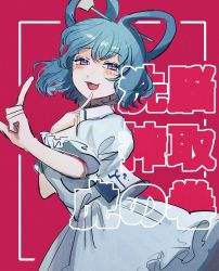 Rule 34 | 1girl, blue dress, blue hair, blush, chisel, cowboy shot, dress, finger to mouth, frills, hair ornament, hair rings, hair stick, highres, index finger raised, kaku seiga, mushiao, open mouth, purple eyes, red background, short sleeves, smile, solo, touhou