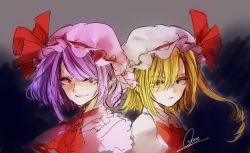 Rule 34 | 2girls, ascot, bad id, bad pixiv id, blonde hair, bow, closed mouth, flandre scarlet, hat, hat bow, long hair, looking at viewer, mob cap, multiple girls, pointy ears, purple hair, purple hat, red bow, red eyes, remilia scarlet, short hair, side ponytail, signature, souta (karasu no ouchi), touhou, upper body, white hat