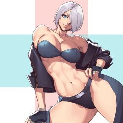 Rule 34 | 1girl, abs, angel (kof), backless pants, blue eyes, bra, breasts, chaps, cropped jacket, fingerless gloves, gloves, hair over one eye, highres, jacket, large breasts, leather, leather jacket, looking at viewer, midriff, navel, ogami, panties, pants, short hair, smile, snk, solo, strapless, strapless bra, the king of fighters, the king of fighters xiv, toned, underwear, white hair