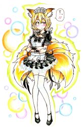 Rule 34 | 1girl, absurdres, alternate costume, animal ears, blonde hair, blush, bow, breasts, bubble background, crossed arms, embarrassed, enmaided, female focus, fox ears, fox tail, frills, full body, goku (acoloredpencil), gokuu (acoloredpencil), high heels, highres, knees together feet apart, maid, maid headdress, mary janes, miniskirt, multiple tails, outline, ribbon, shoes, short hair, skirt, solo, spoken blush, tail, thighhighs, touhou, traditional media, tsurime, uneven eyes, wavy mouth, white thighhighs, yakumo ran, yellow eyes, zettai ryouiki