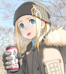 Rule 34 | 10s, 1boy, beanie, blonde hair, blue eyes, blue sky, blush, borr, can, coat, commentary request, day, fur trim, gloves, go robots, grey gloves, gridman universe, hat, holding, holding can, long hair, long sleeves, male focus, open clothes, outdoors, sky, solo, ssss.gridman, tongue, tongue out, tree, turtleneck, twintails, winter clothes, winter coat