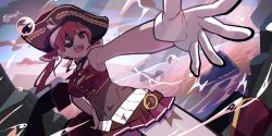 Rule 34 | 122pxsheol, 1girl, :d, armpits, bare shoulders, belt, breasts, dutch angle, eyepatch, fang, hand on own hip, hat, highres, hololive, houshou marine, navel, ocean, open hand, open mouth, outdoors, outstretched arm, pirate hat, pleated skirt, purple hair, red eyes, skirt, smile, solo, teeth, virtual youtuber