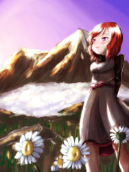 Rule 34 | 1girl, absurdres, arms behind back, artist name, artist request, bare legs, black shirt, blue sky, blush, bow, breasts, cloud, female focus, flower, hair between eyes, highres, looking at viewer, love live!, love live! school idol festival, love live! school idol project, mountain, nishikino maki, outdoors, pants, parted lips, purple eyes, red bow, red hair, shirt, short hair, skirt, sky, small breasts, smile, solo, white pants, white skirt