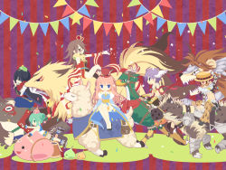 Rule 34 | 3boys, 3girls, allegretto (pixiv), animal, animal around neck, animal print, arch bishop (ragnarok online), armband, bandages, banner, bell, bird, black eyes, black footwear, black hair, black jacket, blue dress, blue eyes, blue pants, blue shirt, blush, brown-framed eyewear, brown footwear, brown gloves, brown hair, brown jacket, brown pants, brown shorts, chain, closed mouth, commentary request, confetti, crown, double bun, dress, drops (ragnarok online), fingerless gloves, fishnet legwear, fishnets, fox, frog, frog on head, full body, glasses, gloves, goggles, green eyes, green hair, hair between eyes, hair bun, hat, head wings, high heels, holding, hyena, jacket, jingle bell, leopard print, lion, llama, long hair, looking at another, looking to the side, multiple boys, multiple girls, ninja (ragnarok online), open mouth, oversized animal, pants, party hat, pink hair, pointing, poporing, poring, pouch, professor (ragnarok online), purple background, purple hair, ragnarok online, red background, red hair, red scarf, riding, riding bird, round eyewear, saddle, scarf, shadow chaser (ragnarok online), shirt, shoes, short hair, shorts, shrug (clothing), sleeveless, sleeveless shirt, slime (creature), smile, sniper (ragnarok online), striped, striped background, super novice (ragnarok online), teeth, tinted eyewear, top hat, two-tone dress, white dress, wings, yellow gloves, yellow headwear, yellow shirt