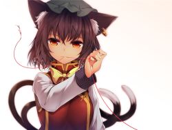 Rule 34 | 1girl, animal ear fluff, animal ears, arm at side, bow, bowtie, breasts, brown hair, cat ears, cat tail, chen, chinese clothes, earrings, green hat, hat, jewelry, long sleeves, looking at viewer, midori (misuriru8), mob cap, mouth hold, multiple tails, nekomata, outstretched arm, red eyes, red vest, shirt, short hair, single earring, solo, string, string of fate, tail, touhou, two tails, upper body, vest, white shirt, yellow bow, yellow bowtie