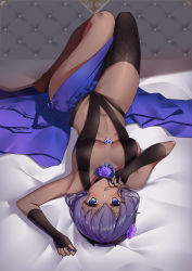 Rule 34 | 1girl, absurdres, arm up, asymmetrical legwear, bare legs, bare shoulders, barefoot, bed sheet, black gloves, black leotard, black thighhighs, blue bow, blue eyes, blue nails, blurry, blurry background, blush, bow, breasts, center opening, collarbone, commentary request, dark-skinned female, dark skin, depth of field, elbow gloves, fate/prototype, fate/prototype: fragments of blue and silver, fate (series), fingerless gloves, fingernails, flower, glint, gloves, hair between eyes, hand up, hassan of serenity (fate), heart, highres, knees up, leotard, looking at viewer, lying, medium breasts, nail polish, navel, on back, purple flower, purple hair, single thighhigh, solo, thighhighs, uneven legwear, upside-down, yiyu qing mang