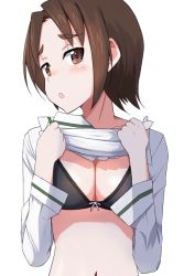 Rule 34 | 1girl, black bra, blouse, blush, bow, bow bra, bra, breasts, brown eyes, brown hair, cleavage, clothes lift, commentary, girls und panzer, half-closed eyes, lifting person, long sleeves, looking at viewer, medium breasts, medium hair, ooarai school uniform, open mouth, parted bangs, sailor collar, sawa azusa, school uniform, serafuku, shirt, shirt lift, short hair, simple background, solo, tearing up, tsuru (tsubasa1993621), underwear, upper body, white background, white sailor collar, white shirt