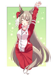 Rule 34 | 1girl, animal ears, arm up, arms up, blush, border, breasts, brown hair, closed mouth, commentary request, cowboy shot, ear ornament, green background, hair between eyes, highres, horse ears, horse girl, horse tail, jacket, long hair, long sleeves, looking at viewer, mihe, multicolored hair, one eye closed, open mouth, pants, red jacket, red pants, satono diamond (umamusume), simple background, smile, solo, streaked hair, stretching, tail, tracen training uniform, track jacket, track pants, track suit, twitter username, umamusume, very long hair, white border, white hair, winter uniform, yellow eyes