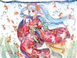 Rule 34 | 1girl, air bubble, animal, animal print, bad id, bad pixiv id, bell, bird print, blue eyes, blue hair, blush, bow, bubble, blowing bubbles, bud (znehgneh2), eyelashes, fish, fish print, flat chest, floating hair, floral print, flower, furisode, goldfish, gradient hair, hair between eyes, hair bow, hair flower, hair ornament, hatsune miku, holding, japanese clothes, jingle bell, kimono, long hair, long sleeves, looking away, multicolored hair, obi, orange bow, parted lips, print kimono, purple hair, red kimono, sash, seaweed, submerged, tassel, transparent, twintails, underwater, very long hair, vocaloid, wide sleeves, wind chime, wisteria, xlavhzhr04