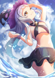 Rule 34 | 1girl, ;), absurdres, arm up, bare arms, bare shoulders, bikini, black bikini, black hairband, black headwear, black skirt, blue sky, brown eyes, closed mouth, cloud, cloudy sky, commentary request, day, flower, grey hair, hairband, hand up, hat, highres, hilamaru, hololive, long hair, looking away, looking up, murasaki shion, murasaki shion (hololive summer 2019), navel, one eye closed, outdoors, purple flower, skirt, sky, smile, solo, standing, swimsuit, very long hair, virtual youtuber, water, witch hat, wrist flower