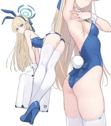 Rule 34 | 1girl, armpits, ass, blue archive, blue eyes, blue footwear, blue leotard, blush, breasts, briefcase, bunny day, dan (kumadan), expressionless, fake tail, from side, halo, high heels, highres, leaning forward, leotard, long hair, looking at viewer, multiple views, presenting armpit, rabbit tail, skindentation, small breasts, solo, spread armpit, strapless, strapless leotard, tail, thighhighs, thighs, toki (blue archive), toki (bunny) (blue archive), very long hair, wet, white background, white thighhighs, wrist cuffs