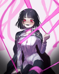 Rule 34 | 1girl, black coat, black hair, black pants, bound, breasts, cleavage, coat, coat on shoulders, collared shirt, commentary request, heart, heart-shaped pupils, highres, limbus company, long sleeves, moth ram, open collar, open mouth, pants, pink shoes (project moon), project moon, red eyes, ribbon, ribbon bondage, ryoshu (project moon), shirt, short hair, small breasts, smile, solo, symbol-shaped pupils, white shirt