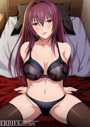 Rule 34 | 1girl, bare shoulders, black bra, black panties, blush, bra, breasts, brown thighhighs, fate/grand order, fate (series), highres, indoors, large breasts, long hair, looking at viewer, minaisu, navel, on bed, panties, pillow, purple hair, red eyes, scathach (fate), sitting, smile, solo, spread legs, stomach, thighhighs, tongue, tongue out, underwear