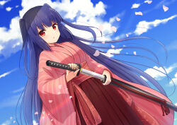 Rule 34 | 1girl, absurdres, blue sky, blunt bangs, blush, character request, drawing sword, falling petals, fingernails, highres, holding, holding sword, holding weapon, ichima (pixiv 29147205), japanese clothes, kimono, long hair, open mouth, petals, pink kimono, purple eyes, red eyes, shikihime zoushi, sky, solo, sword, twintails, very long hair, weapon