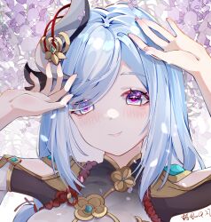Rule 34 | 1girl, absurdres, arms up, blue eyes, blue hair, blush, braid, breasts, chinese clothes, closed mouth, female focus, fingernails, genshin impact, gradient eyes, hair ornament, hand on own head, happy, highres, large breasts, light smile, long hair, luobotou cuncun zhang, multicolored eyes, petals, pink eyes, portrait, shenhe (genshin impact), signature, smile, solo, swept bangs