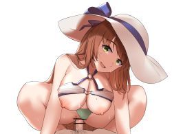 Rule 34 | 1boy, 1girl, bar censor, bikini, bikini top lift, breasts, brown hair, censored, cleavage, clothed sex, clothes lift, clothing aside, cowgirl position, girls&#039; frontline, green eyes, hat, hat ribbon, hetero, highres, kaicchi, large breasts, long hair, male pubic hair, nipples, official alternate costume, pubic hair, ribbon, sex, smile, springfield (girls&#039; frontline), springfield (stirring mermaid) (girls&#039; frontline), straddling, swimsuit, swimsuit aside, vaginal, very long hair