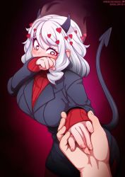 Rule 34 | 1girl, artist name, black horns, black skirt, blush, breasts, commentary, covering own mouth, demon girl, demon horns, demon tail, gradient background, heart, heart-shaped pupils, helltaker, holding hands, horns, large breasts, layered sleeves, long hair, long sleeves, looking at viewer, modeus (helltaker), neocoill, pov, pov hands, red background, red eyes, red legwear, red sweater, ribbed sweater, skirt, solo focus, steaming body, sweater, symbol-shaped pupils, tail, turtleneck, watermark, web address, white hair
