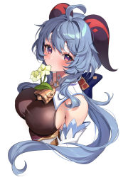 Rule 34 | 1girl, ahoge, bare shoulders, bell, blue hair, blush, bow, breasts, detached sleeves, eating flower, flower, flower in mouth, ganyu (genshin impact), genshin impact, gold trim, horns, long hair, looking at viewer, low ponytail, medium breasts, mikan03 26, neck bell, purple eyes, qingxin flower, sideboob, sidelocks, solo, upper body, white background, white flower, white sleeves