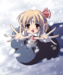 Rule 34 | 1girl, blonde hair, blush, embodiment of scarlet devil, female focus, from above, hair ribbon, looking up, necktie, outstretched arms, outstretched hand, reaching, reaching towards viewer, red eyes, ribbon, rumia, short hair, smile, snow, solo, subaru noji, touhou