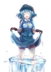 Rule 34 | 1girl, ase tou mi kaameru, backpack, bad id, bad pixiv id, bag, blue hair, blush, bubble, closed eyes, clothes lift, gloves, hair bobbles, hair ornament, hat, highres, kawashiro nitori, key, open mouth, partially submerged, puffy sleeves, shirt, short sleeves, simple background, skirt, skirt lift, skirt set, smile, solo, standing, touhou, twintails, two side up, wading, water, white background