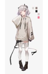 Rule 34 | 1girl, absurdres, black choker, black footwear, boots, choker, closed mouth, commentary request, darudana, drawstring, full body, grey background, grey hair, grey sweater, hair ornament, hairclip, highres, long sleeves, looking at viewer, one eye closed, original, purple eyes, short hair, simple background, sleeves past fingers, sleeves past wrists, solo, sweater, thighhighs, white thighhighs