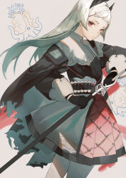 Rule 34 | 1girl, absurdres, ammunition belt, arknights, black cape, black dress, black gloves, blunt bangs, cape, closed mouth, commentary request, dress, feather hair, feet out of frame, frown, gloves, grey cape, grey dress, grey hair, highres, holding, holding sword, holding weapon, irene (arknights), kyomunohi, long hair, long sleeves, looking at viewer, pink skirt, rapier, red eyes, scar, scar across eye, sheath, skirt, solo, sword, torn cape, torn clothes, two-sided cape, two-sided fabric, two-tone dress, unsheathing, weapon