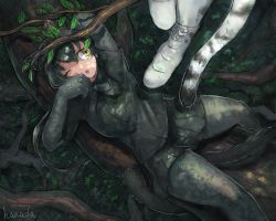 Rule 34 | 2girls, ;p, animal ears, arms up, artist name, black hair, black leopard (kemono friends), black shirt, black skirt, bodystocking, boots, bow, bowtie, branch, cat girl, dappled sunlight, day, feet out of frame, hair between eyes, hanada (cobalt003), highres, in tree, kemono friends, layered sleeves, leaf, leopard ears, leopard tail, long hair, long sleeves, looking at another, looking up, lying, miniskirt, multiple girls, on back, one eye closed, outdoors, shirt, short over long sleeves, short sleeves, skirt, solo focus, sunlight, tail, tiger tail, tongue, tongue out, tree, twintails, white tiger (kemono friends), yellow eyes
