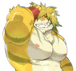 Rule 34 | 1boy, abs, animal ears, bara, commentary request, fangs, furry, furry male, hair over one eye, hand in own hair, kira nerisu, looking at viewer, macan (housamo), male focus, muscular, muscular male, nipples, one eye covered, pectorals, red eyes, smile, tiger boy, tiger ears, tiger stripes, tokyo houkago summoners, topless male, upper body, white background